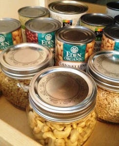 Quinoa, long brown rice, green lentils, raw cashews, organic beans...I'm liking mason jars for containers.